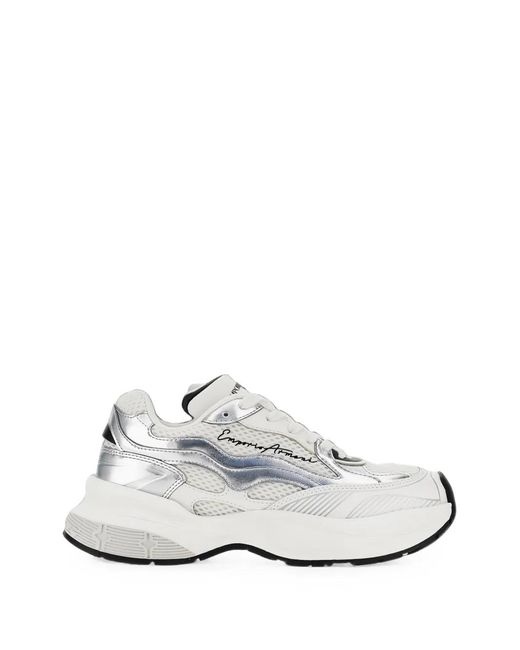 Emporio Armani White Metallic-Panel Mesh Sneakers