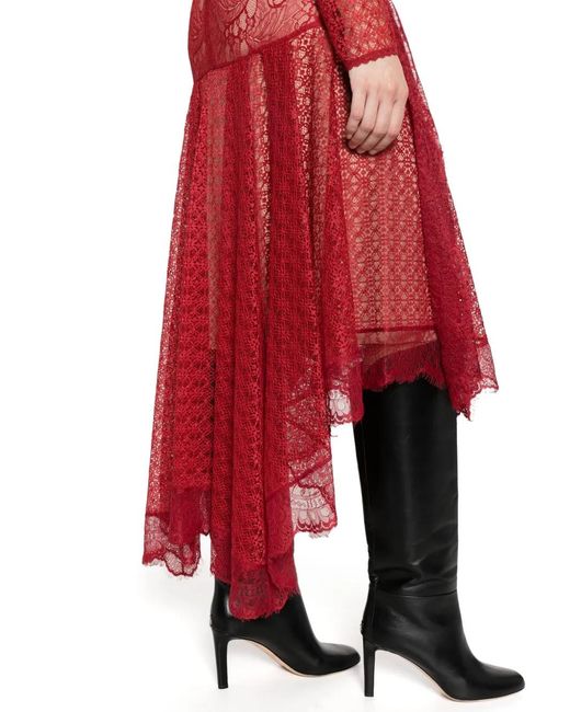Alberta Ferretti Red Lace-Patchwork Asymmetric Midi Dress