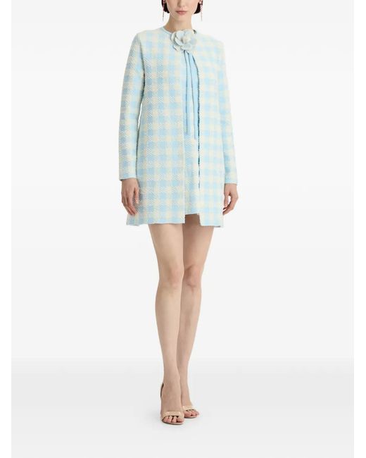 Oscar de la Renta Blue Gingham-Pattern Flower-Appliqué Coat