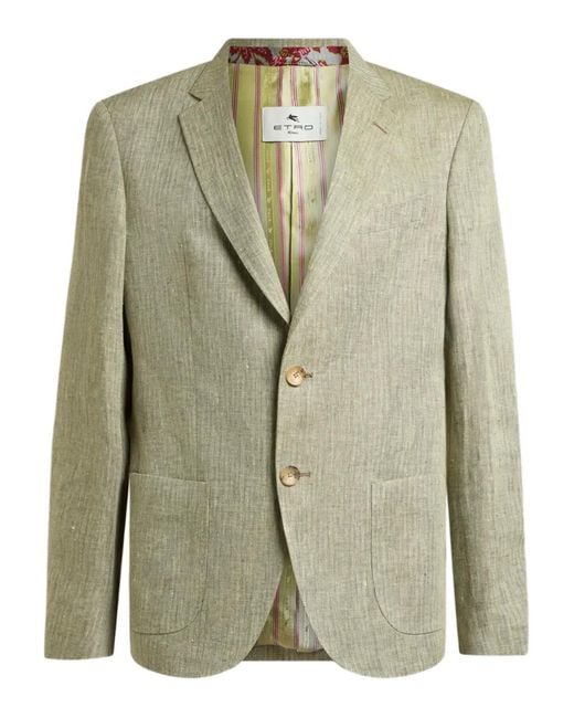 Etro Green Chevron-Motif Single-Breasted Linen Jacket for men