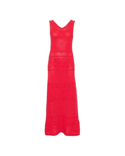 Blugirl Blumarine Red Crochet-Knit V-Neck Maxi Dress