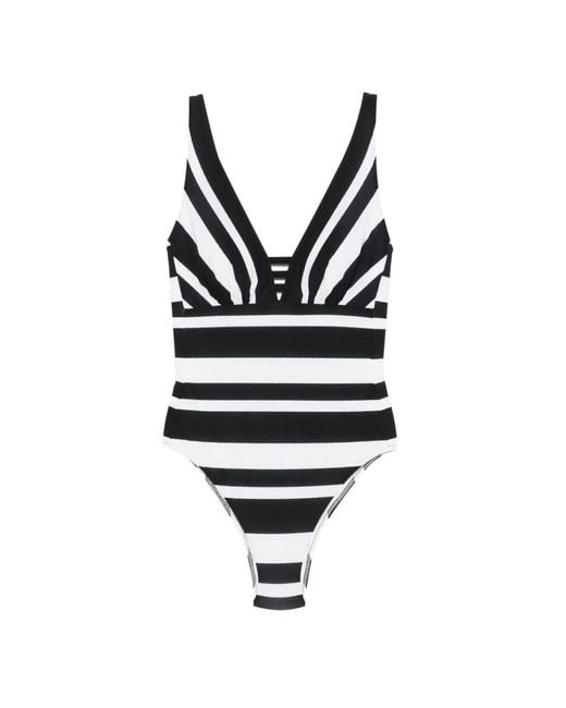 Maryan Mehlhorn Black Striped-Pattern V-Neck Swimsuit
