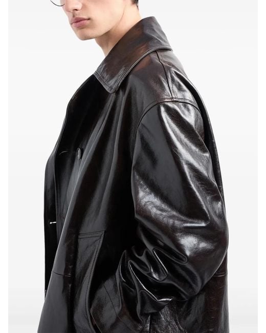 Giorgio Armani Black Leather Double-Breasted Coat for men