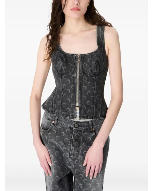 MARINE SERRE Black Moon Denim Bustier Top