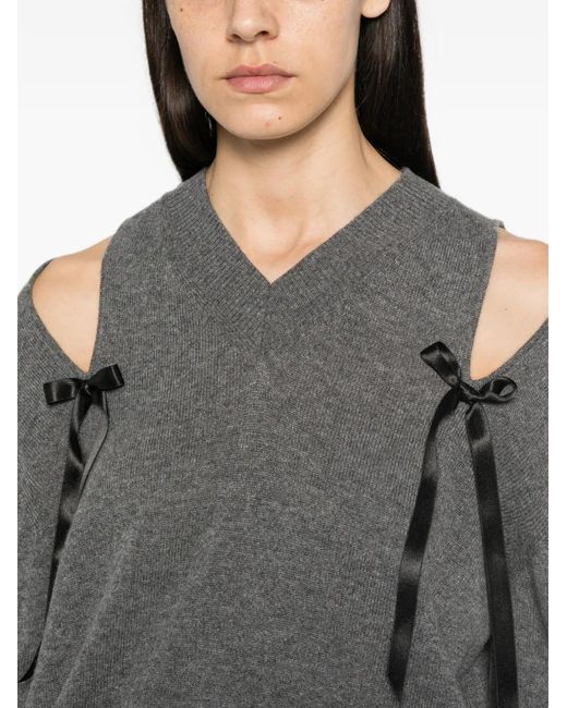 Simone Rocha Gray Bow-Embellished Cold-Shoulder Sweater