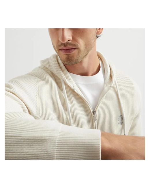 メンズ Brunello Cucinelli リブニット パーカー White