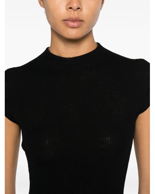 Momoní Black Kame Ribbed-Knit Cap-Sleeve Wool T-Shirt