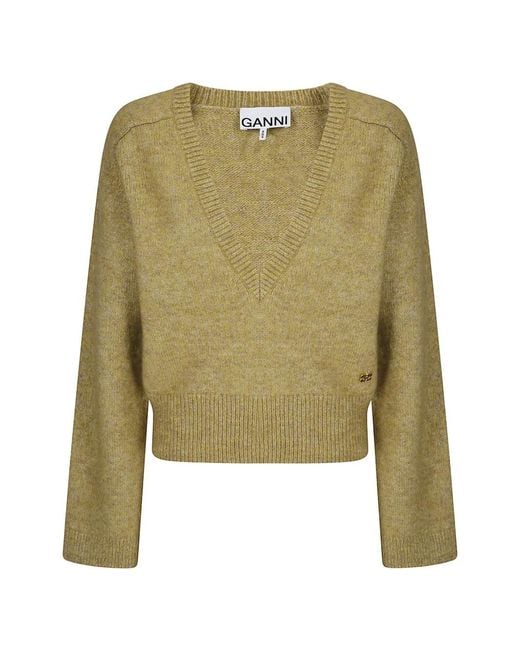 Ganni Green Melange V-Neck Sweater