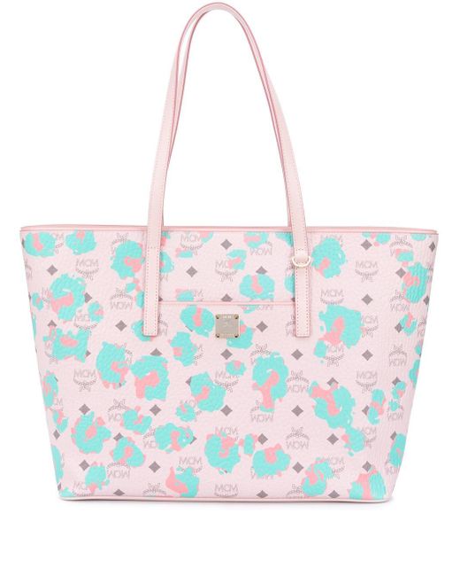 MCM Pink Anya Floral Leopard Print Tote Bag