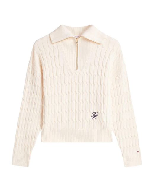 Tommy Hilfiger White Cable-Knit Zip-Up Sweater