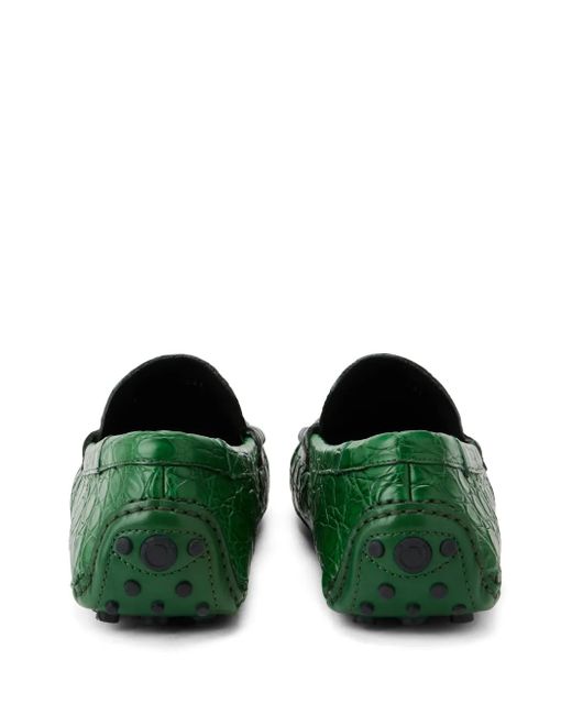 Ferragamo Green Embossed Crocodile Effect Leather Loafers for men