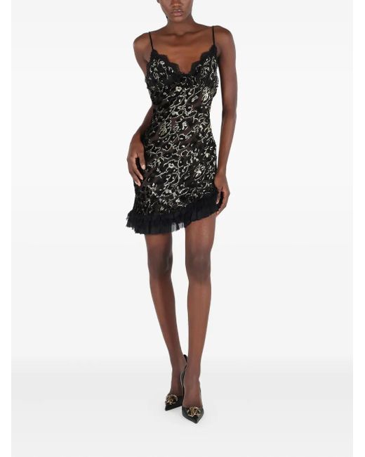 Roberto Cavalli Black Lace-Trimmed Leopard-Pattern Mini Dress
