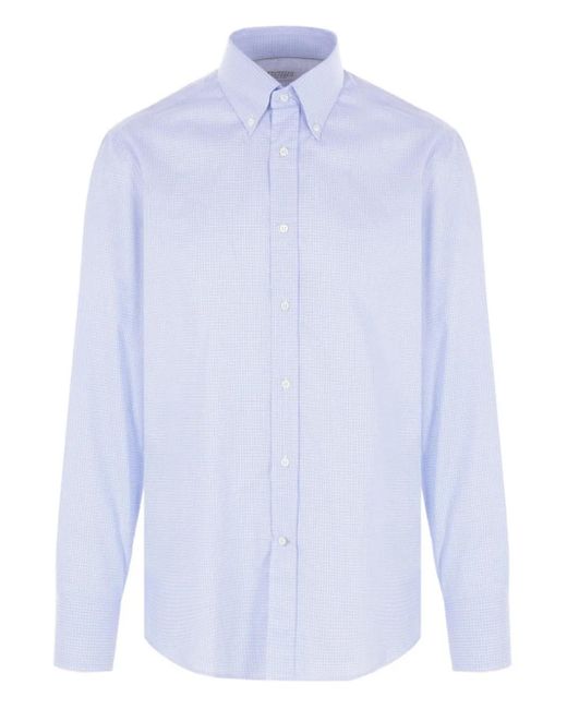 Brunello Cucinelli Blue Checked Cotton Shirt for men
