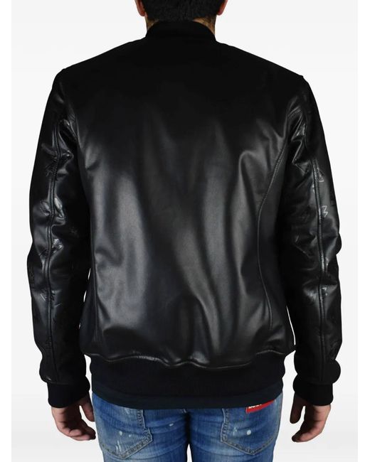 Philipp Plein Black Leather Bomber Jacket for men
