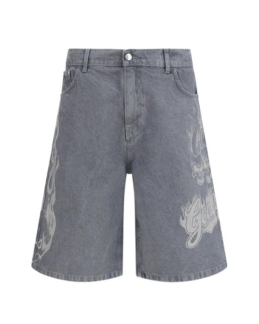 Gcds Gray Skull-Print Denim Shorts for men