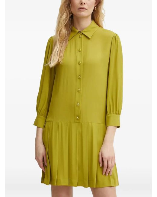 Liu Jo Yellow Pleated Collared Shirt Mini Dress