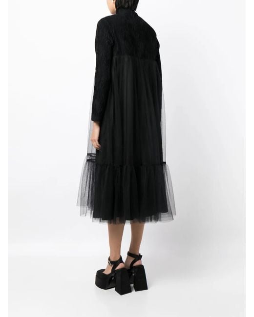 Noir Kei Ninomiya Black High-Neck Tulle-Overlay Midi Dress