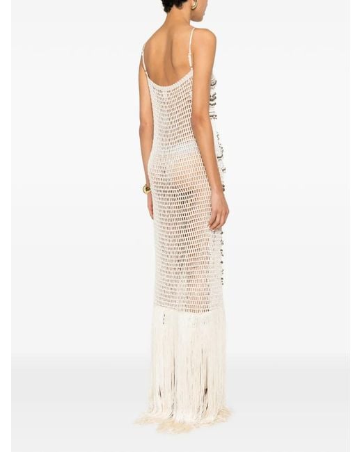 Bless White Takara Bead-Embellished Fringed Maxi Dress
