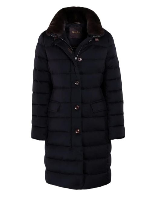 Moorer Blue Quilted Faux Fur-Collar Coat