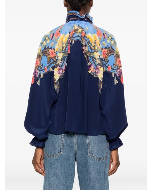 Etro Blue Floral-Print Ruffled-Collar Blouse