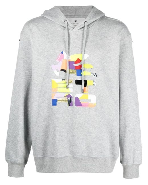 Etro Gray Patchwork Logo-Print Rib-Trimmed Hoodie for men