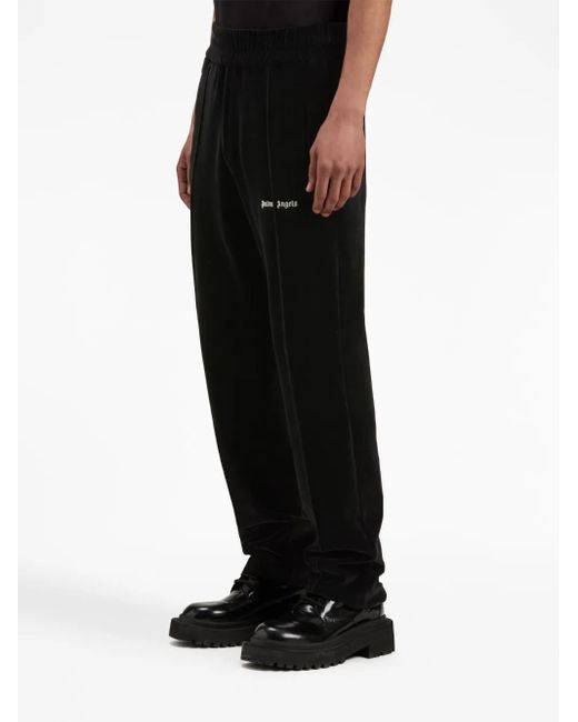 Palm Angels Black Logo-print Velvet Track Pants for men