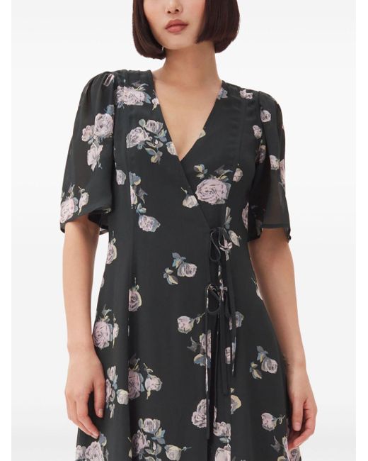 Ganni Black Floral-Print Crepe Wrap Midi Dress