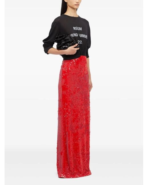 MSGM Red Sequin Straight Skirt