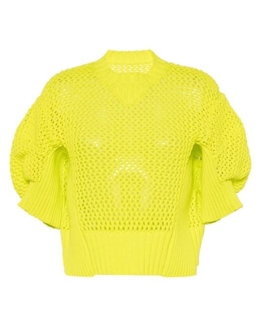 Sacai Yellow Puff-sleeve Crochet-knit Top