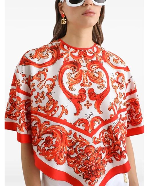 Dolce & Gabbana Red Majolica-Print Silk Top