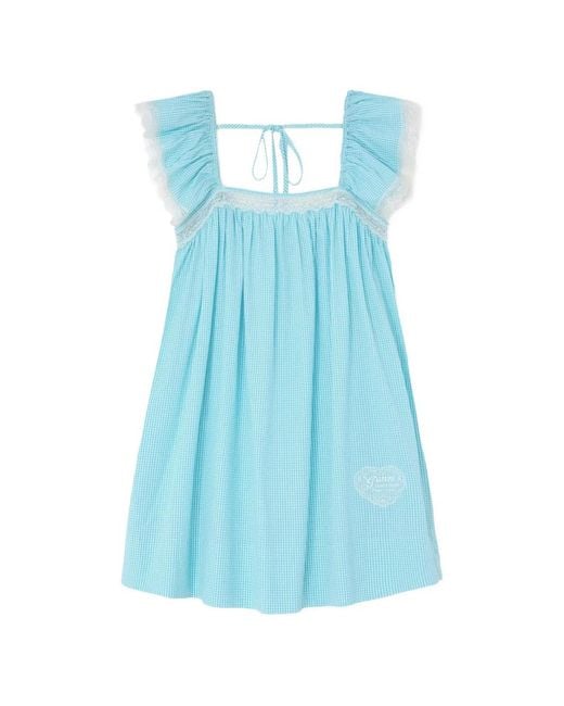 Ganni Blue Gingham Lace-Trimmed Dress