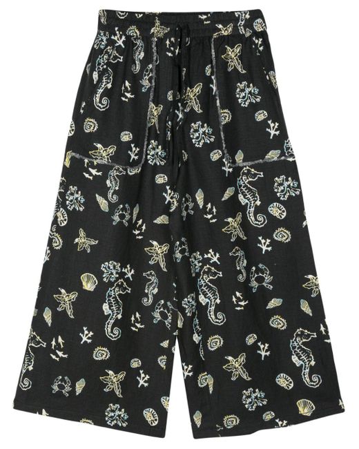 Bimba Y Lola Black Reef-print Cropped Trousers