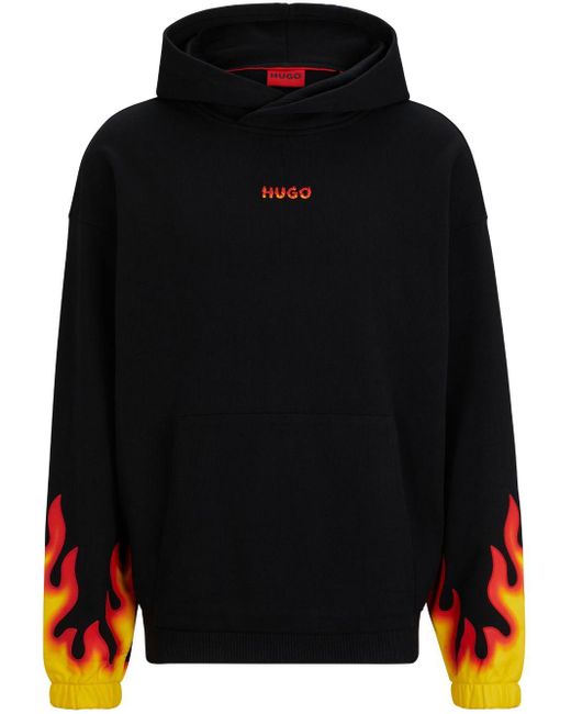 HUGO Black Flame-print Cotton Hoodie for men