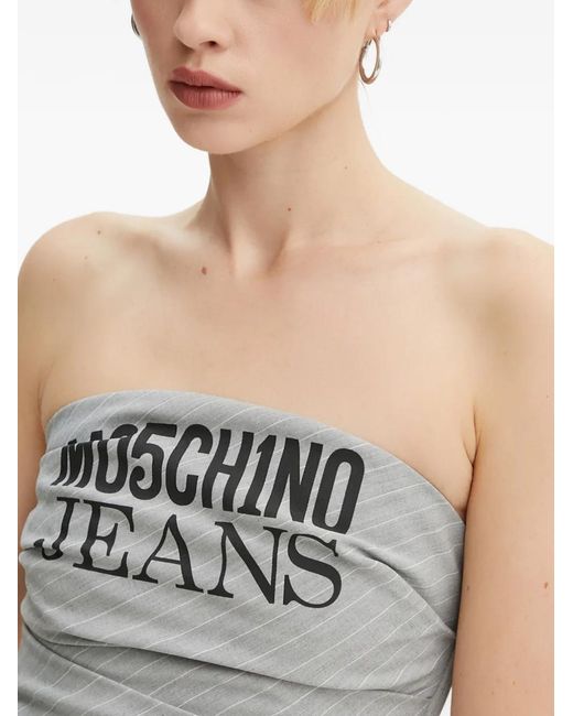 Moschino Gray Pinstripe-Pattern Logo-Print Bandeau Top