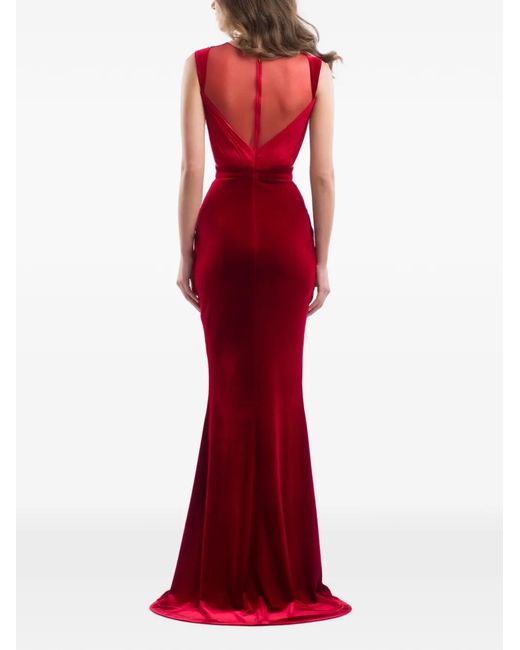 IMROSKA Red Plunging-V-Neck Draped Maxi Dress