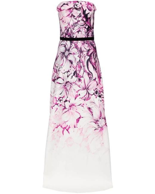 Saiid Kobeisy Pink Floral-Print Belted Strapless Gown