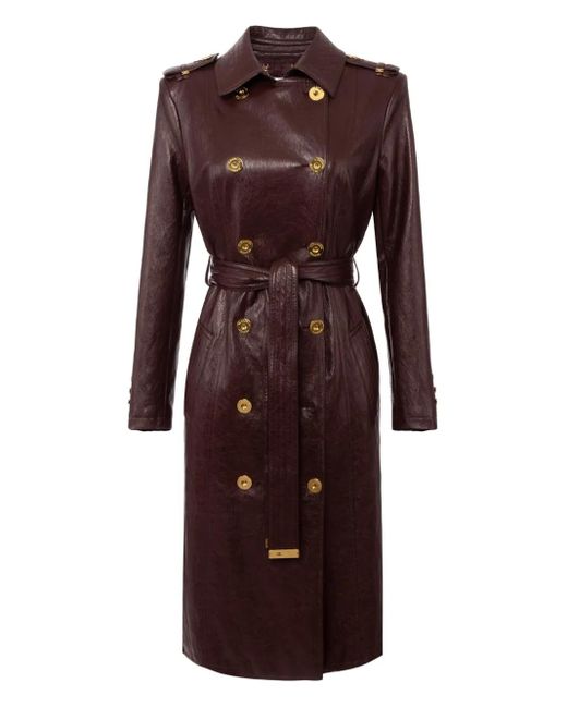 Elisabetta Franchi Purple Bordeaux Double-Breasted Trench Coat With Glossy Finish
