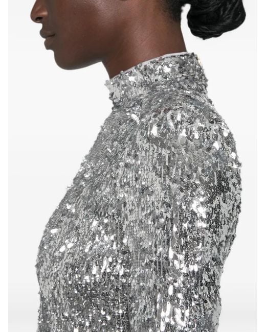 Balmain Gray Sequin-Embellished High-Neck Mini Dress