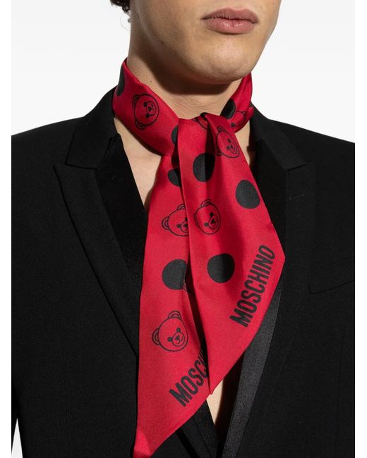 Moschino Red Polka-Dot Teddy Silk Scarf