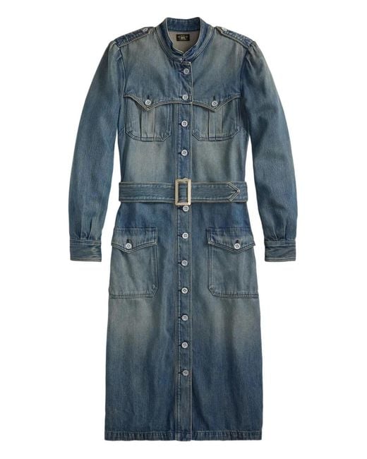 RRL Blue Buttoned Belted Denim Dress