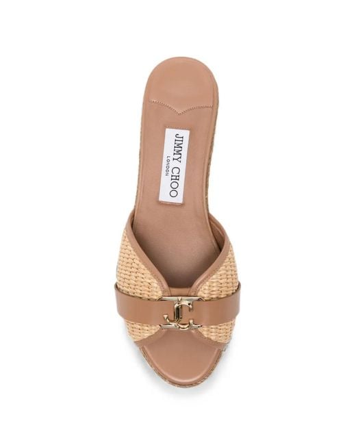 Jimmy Choo Natural Leda Logo-Plaque Wedge Sandals