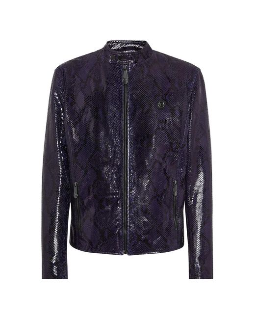 Philipp Plein Blue Long-Sleeve Biker Jacket for men