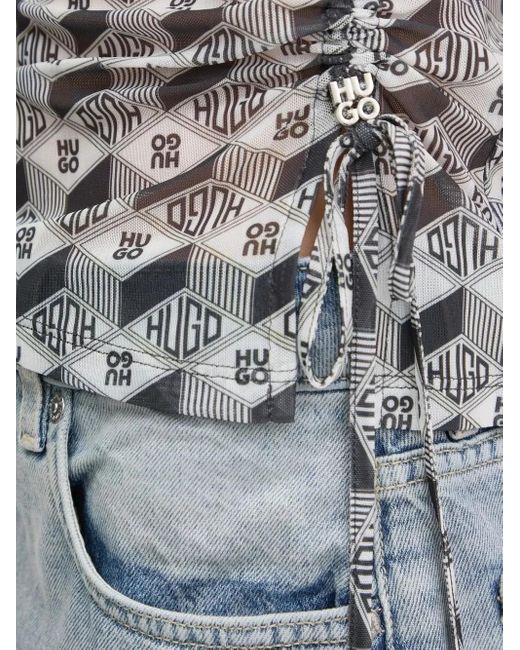 HUGO Gray Logo-Print Mesh T-Shirt