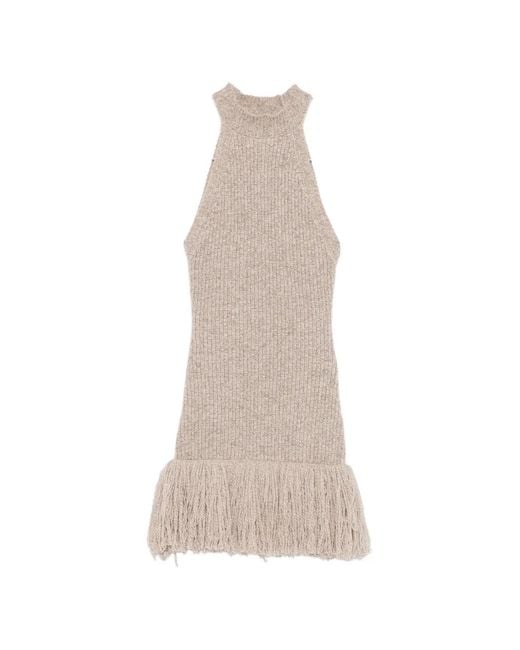 ELY ELY Natural Fringe-Trim Ribbed-Knit Mini Dress