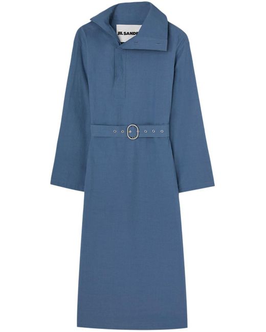 Jil Sander Blue Belted Cotton Midi Dress