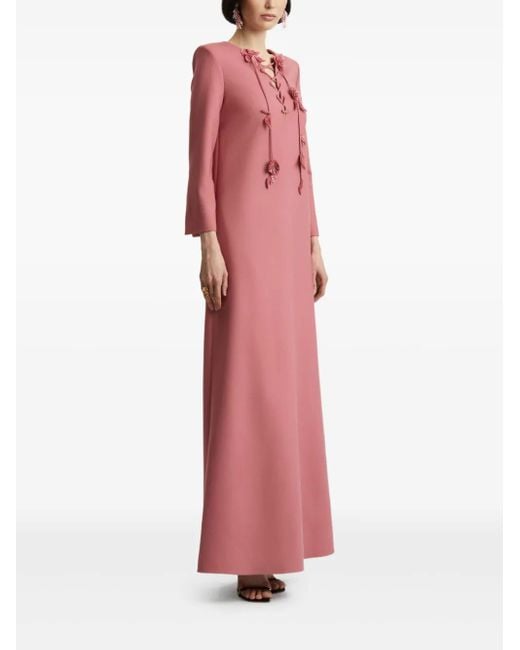 Oscar de la Renta Red Lace-Up Floral Maxi Dress