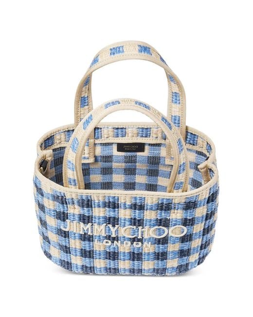 Jimmy Choo Blue Beach Tote East-West Gingham Raffia Beach Tote Bag