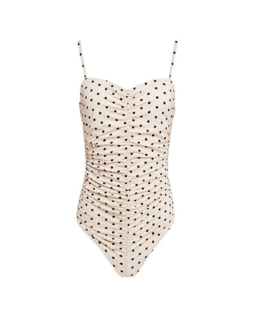 WEILI ZHENG White Polka-Dot Ruched Swimsuit