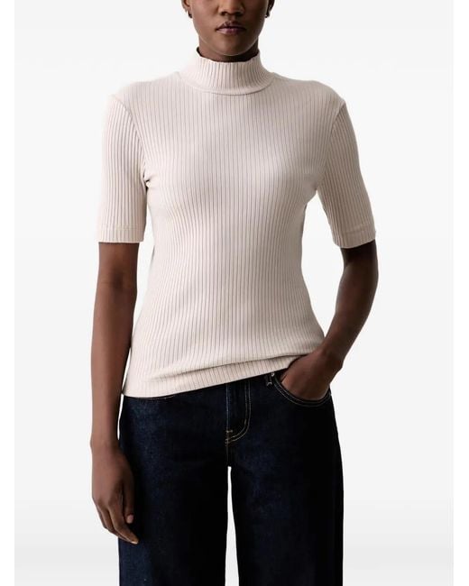 Marc O' Polo Blue Ribbed-Knit High-Neck T-Shirt