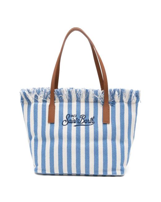 Mc2 Saint Barth Blue City Striped Fringed Tote Bag